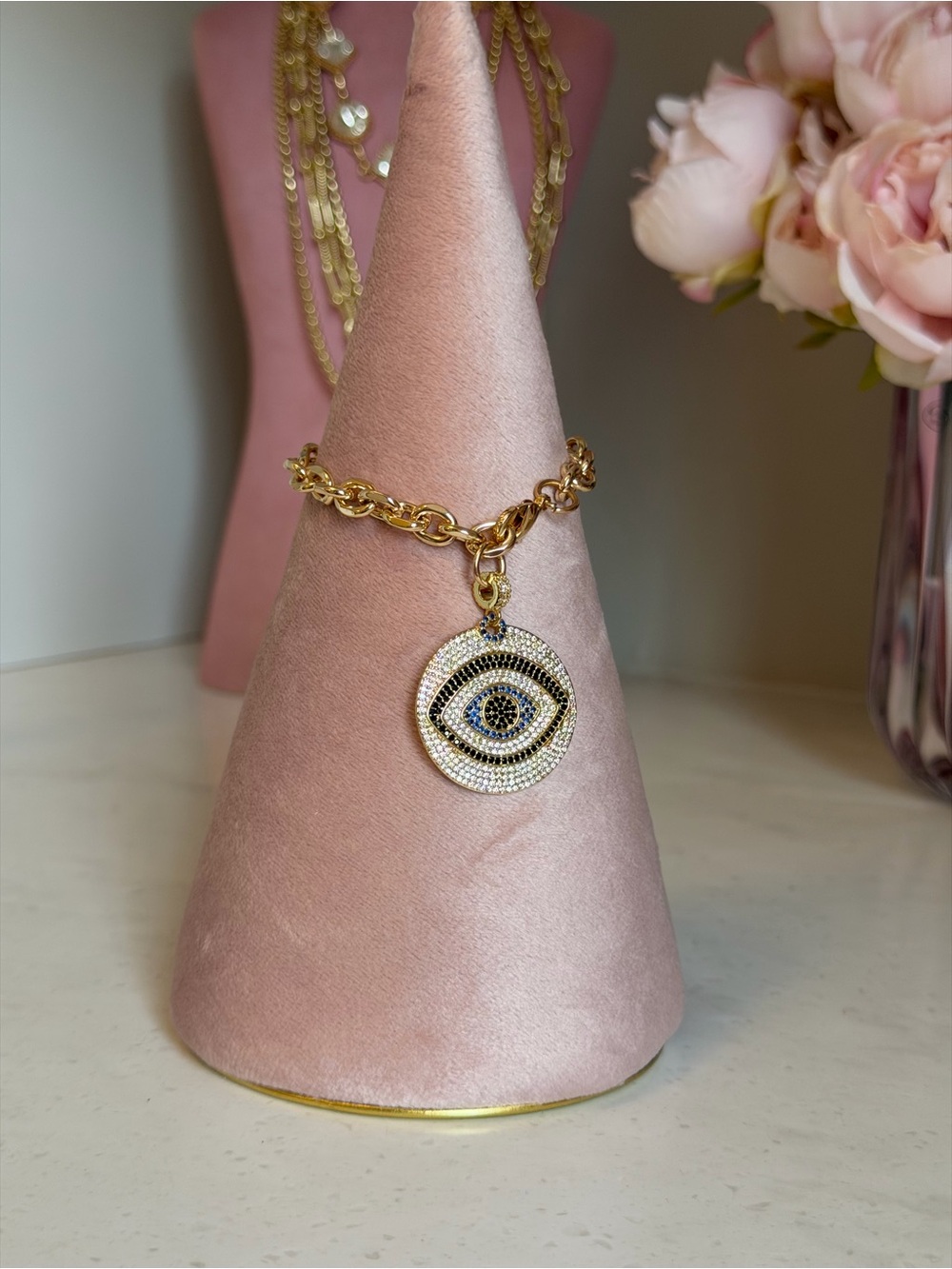 Gold Evil Eye Charm on 18k plated Bracelet ~ Women’s 18k plated Jewelry